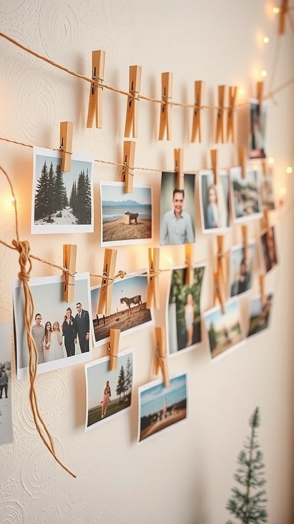 A DIY holiday photo display with photos clipped to string using clothespins, decorated with warm lights.