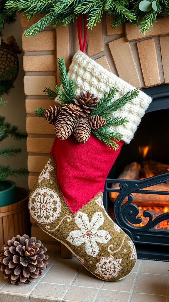 A cozy Christmas stocking decorated with pinecones and greenery, hanging by a fireplace.