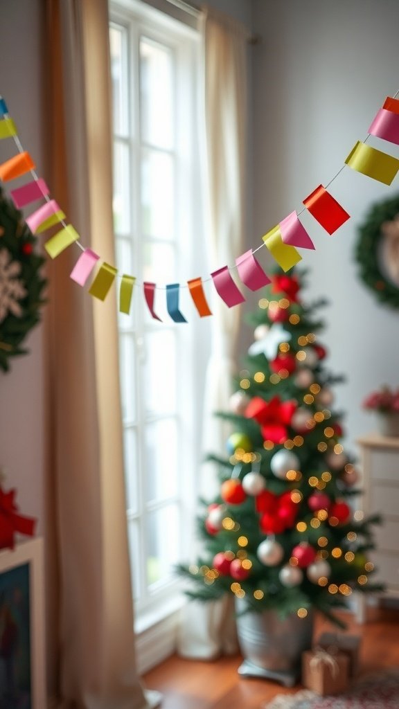 Colorful paper chains hanging in a room with a Christmas tree