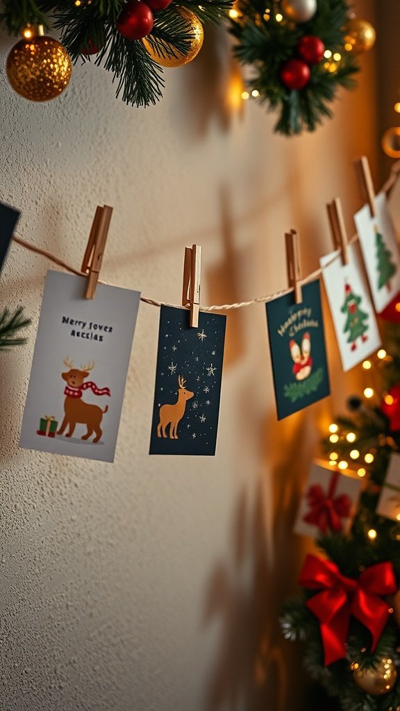 A festive display of Christmas cards hanging on a string with decorative elements.