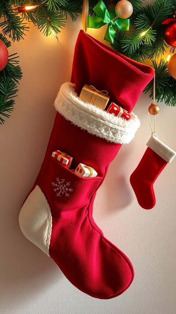 A red Christmas stocking with pockets, filled with small gifts, hanging on a festive background.