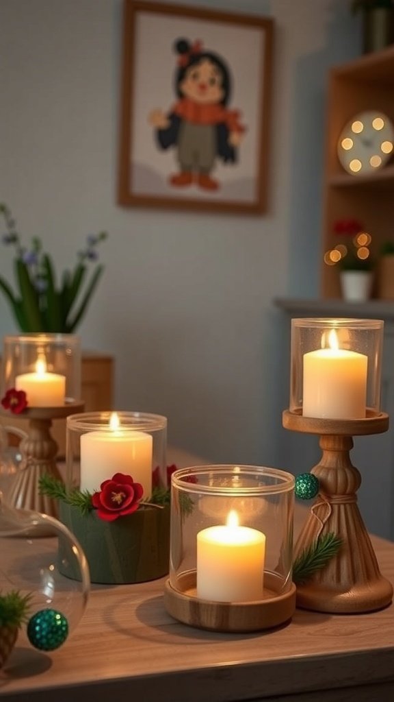A collection of simple holiday candle holders with candles, greenery, and decorative flowers.