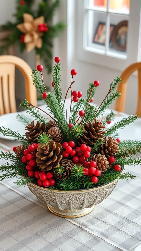 A festive centerpiece featuring pinecones and red berries in a decorative bowl.