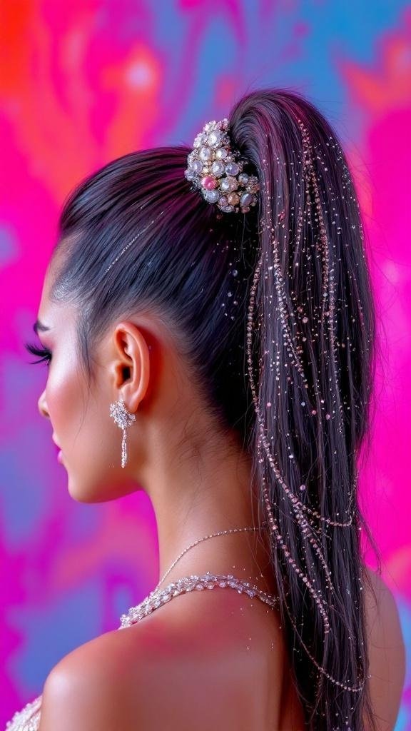 A stylish ponytail adorned with glitter and elegant accessories.