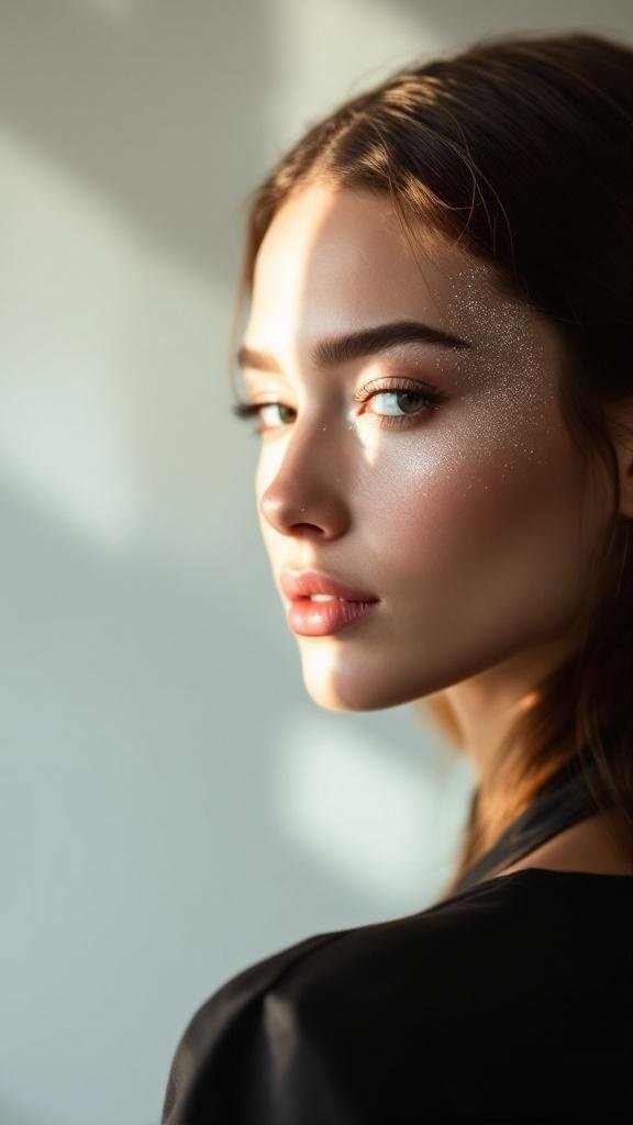 A close-up of a woman with a subtle glitter parting in her hair, showcasing a soft glow on her skin.