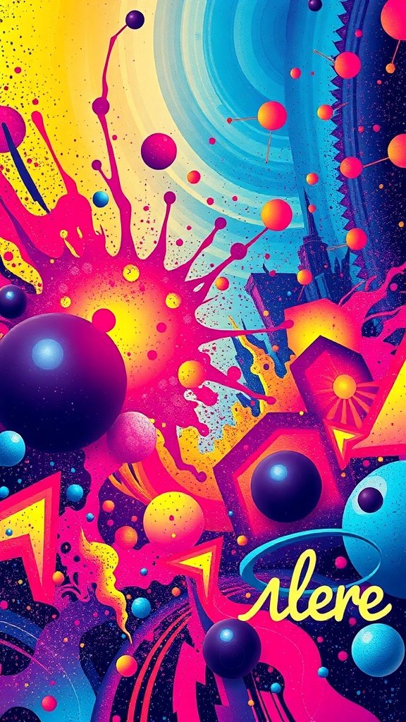 A colorful abstract design featuring splashes of pink, yellow, and blue with various shapes and spheres.