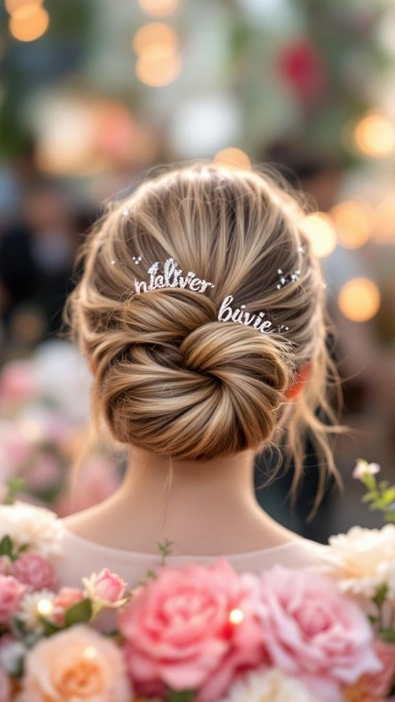 A stylish half-up glitter bun hairstyle adorned with flowers and sparkling accents.