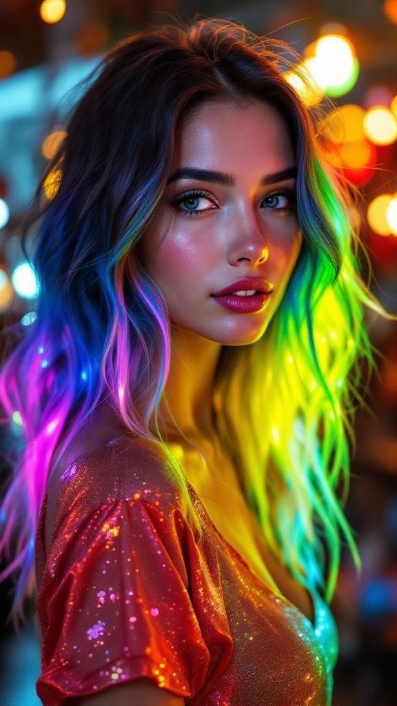 A woman with sparkling ombre glitter hair, showcasing vibrant colors and a playful style.