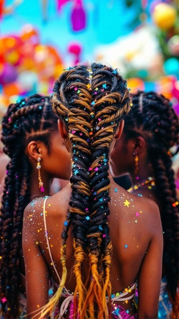 A close-up of intricate braided hairstyles adorned with colorful glitter and sparkles, perfect for a festival setting.