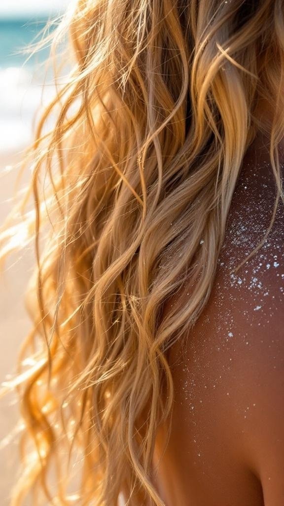 Close-up of wavy hair with glitter, beach background