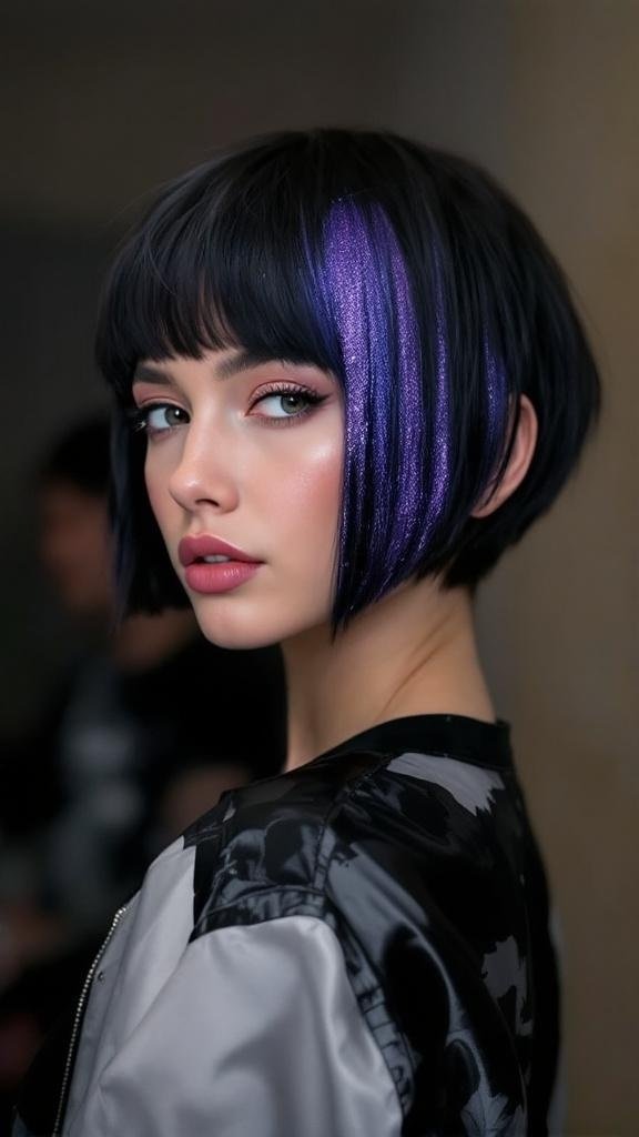 A stylish short haircut featuring glittery purple streaks.