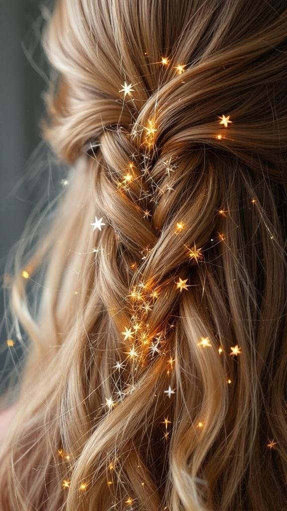 A close-up of a braided hairstyle adorned with glittery tinsel and sparkles.