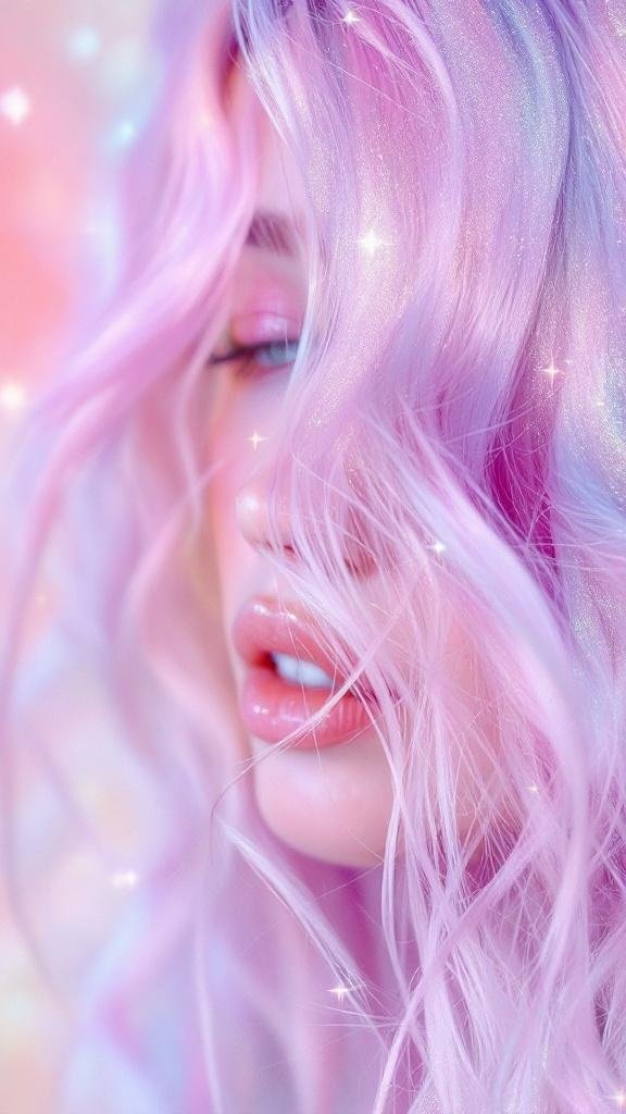 A close-up of a person with pastel pink and purple hair, adorned with glitter.