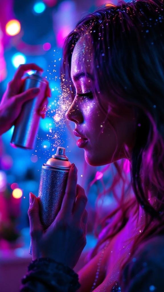 A person applying glitter hair spray, creating a sparkling effect in vibrant lighting.