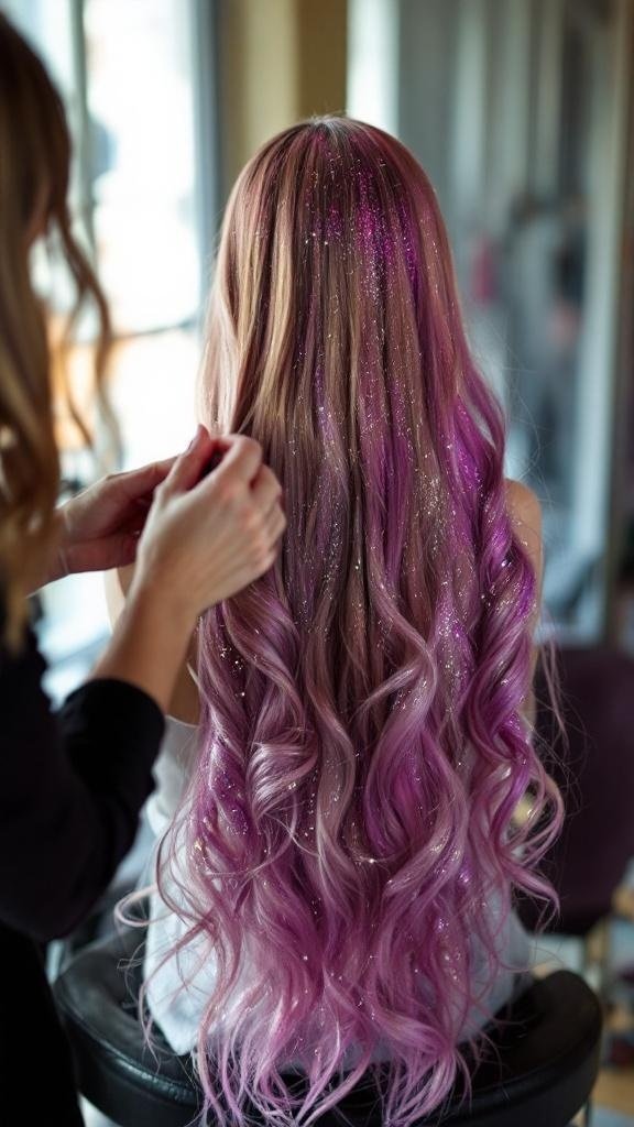 A person applying glittery hair extensions to long, wavy hair.