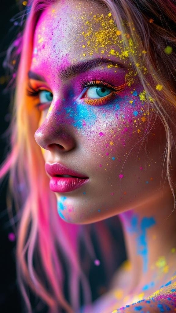 A close-up of a person with colorful glitter makeup and hair chalk, showcasing vibrant pink, blue, and yellow hues.