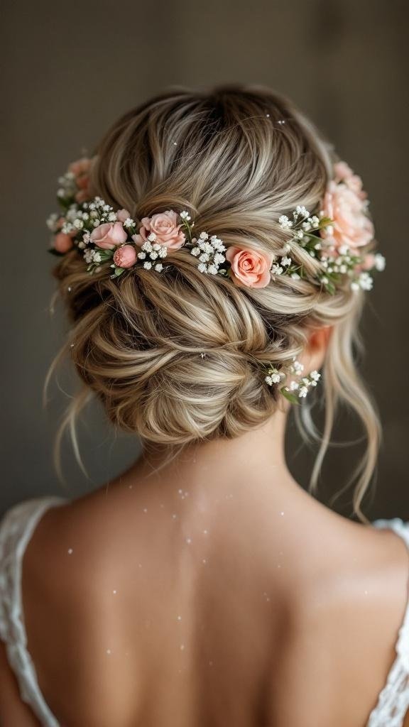 A beautiful updo hairstyle decorated with flowers and glitter.