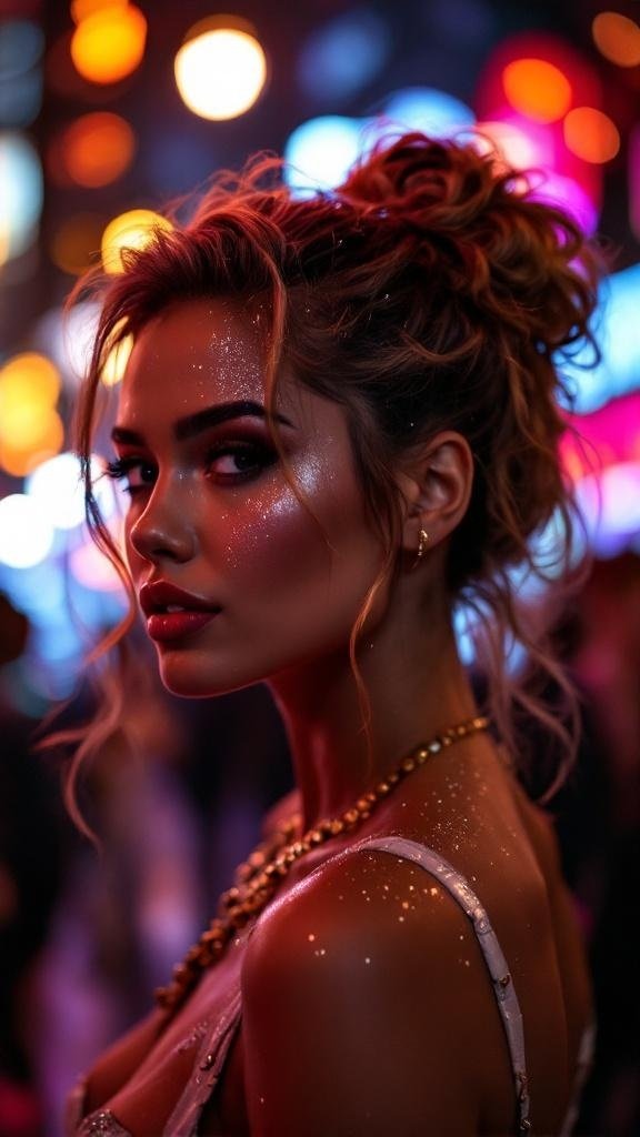 A woman with glittery hair and a stylish outfit, illuminated by colorful lights.