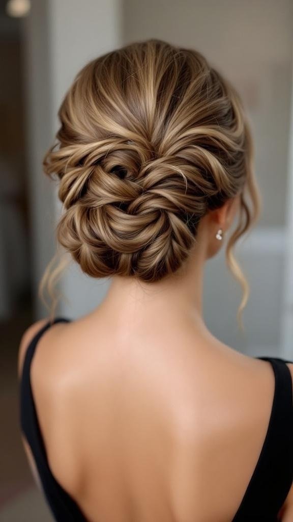 A beautiful waterfall braid updo hairstyle with soft curls.