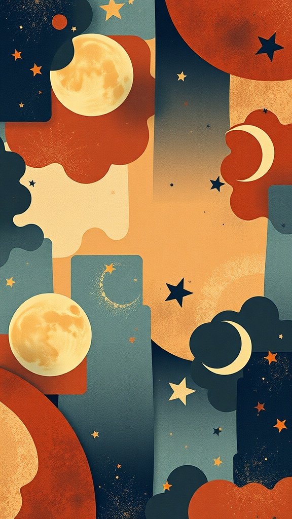 Abstract wallpaper featuring celestial patterns with stars and moons.