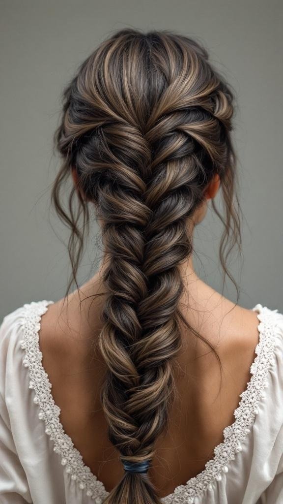 A fishtail waterfall braid hairstyle showcasing intricate weaving and texture.