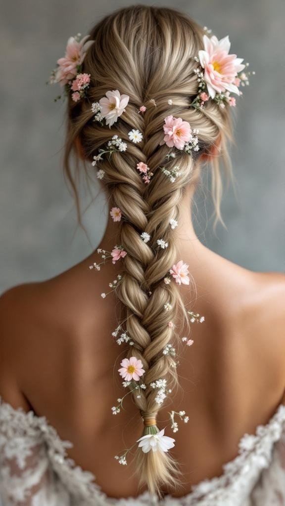 A classic waterfall braid adorned with flowers, showcasing a beautiful hairstyle.