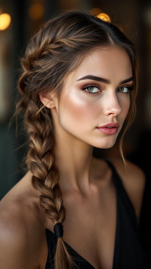 A woman with a waterfall braid hairstyle featuring a side part.