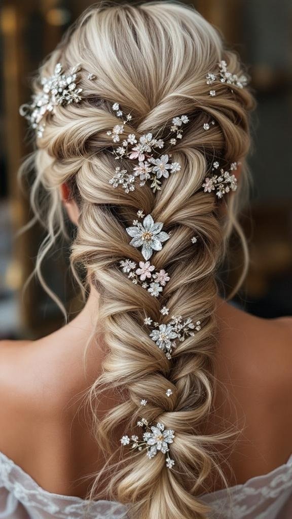 A beautiful waterfall braid adorned with floral accessories.
