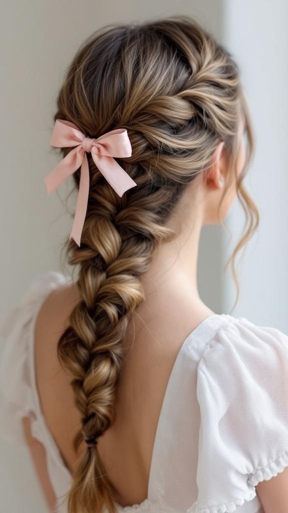 A beautiful waterfall braid adorned with a pink bow, showcasing a stylish and playful hairstyle.