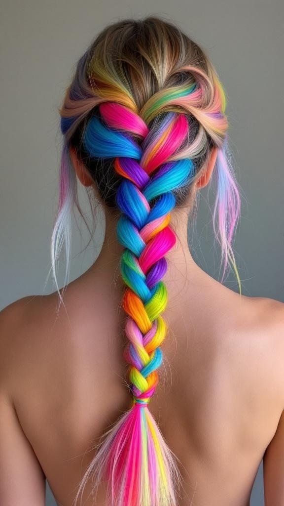 A colorful waterfall braid featuring vibrant hues like pink, blue, and yellow.