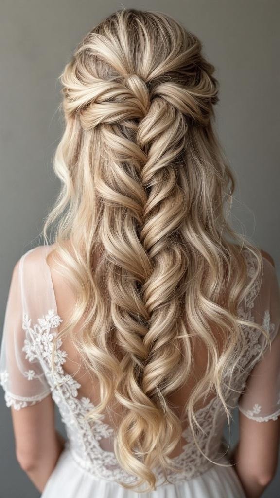 A beautiful waterfall braid hairstyle with loose curls.