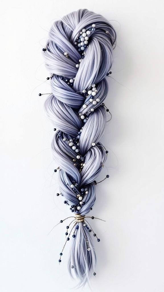 A waterfall braid hairstyle adorned with beads, showcasing a blend of colors and textures.