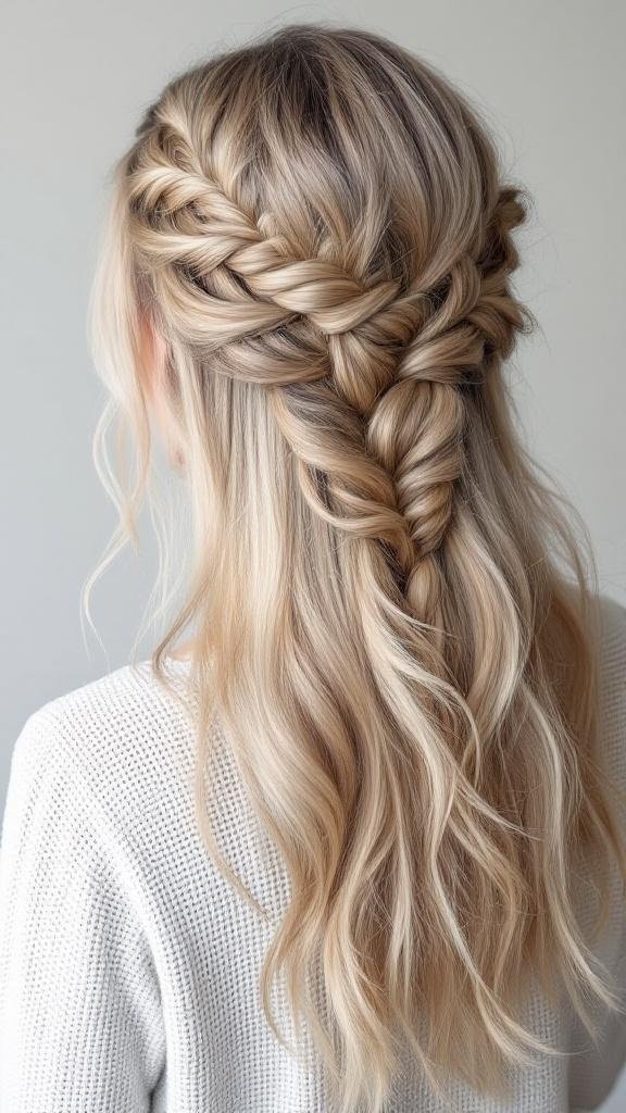 A half-up waterfall braid hairstyle showcasing intricate braiding and flowing hair.
