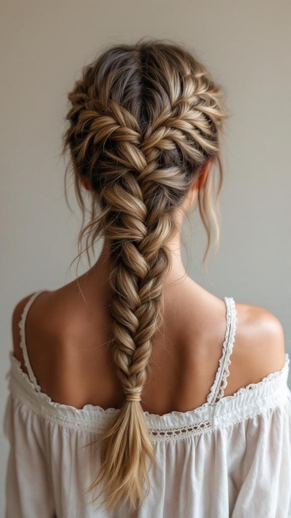 A woman with a waterfall braid and braided crown hairstyle, showcasing intricate braiding.