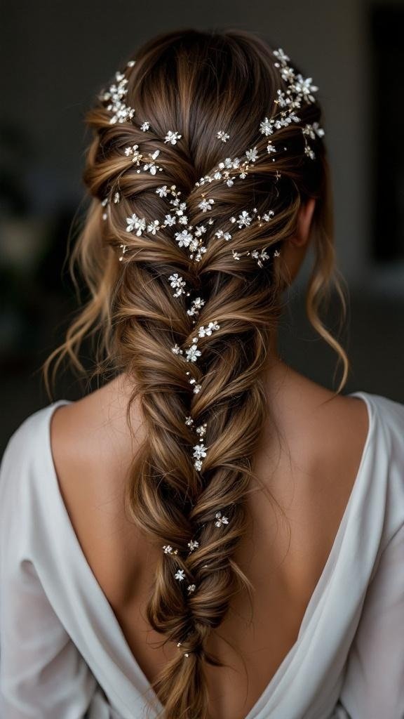 A beautiful waterfall braid hairstyle adorned with small floral accessories.