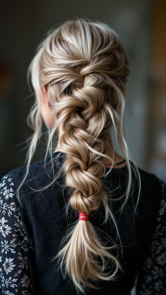 A close-up of a waterfall braid hairstyle with side-swept bangs.