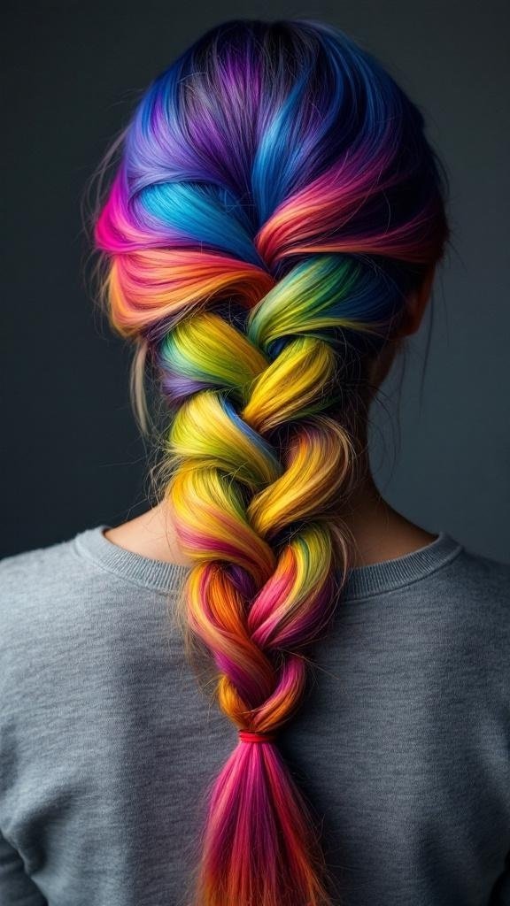 A colorful waterfall braid featuring a vibrant ombre effect.