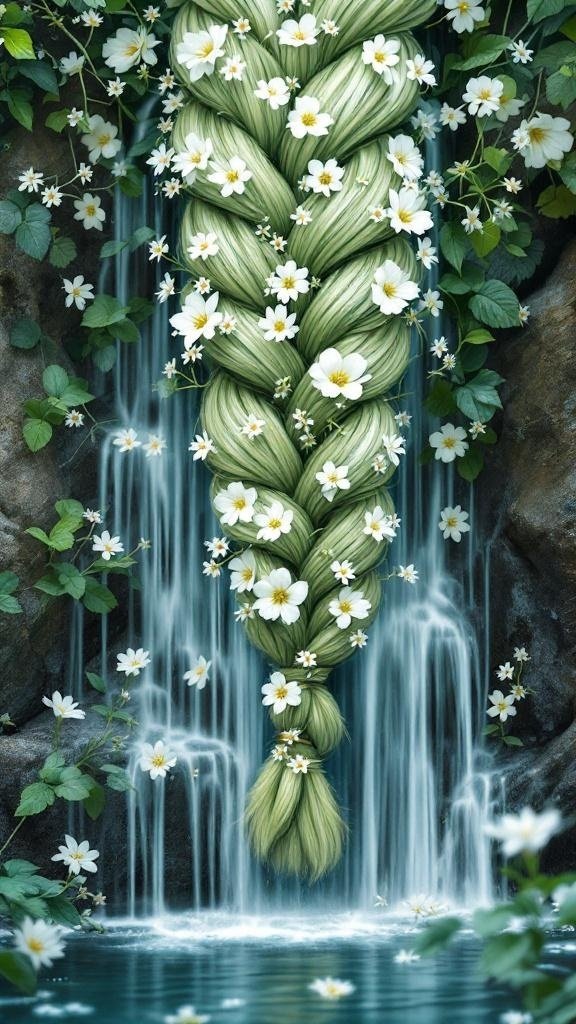 A waterfall braid decorated with white flowers cascading down a waterfall.