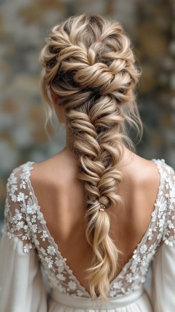 A beautiful waterfall braid hairstyle with volume, showcasing intricate braiding and flowing hair.