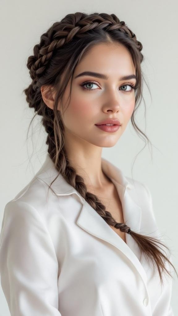 A woman with a braided crown hairstyle, wearing a white blouse.