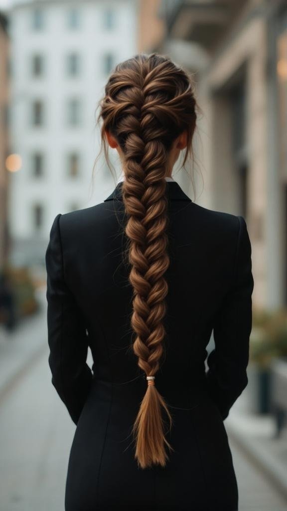 A woman with a classic French braid hairstyle, wearing a black suit, standing outdoors.