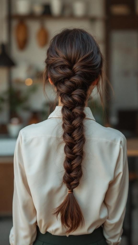 A woman with a waterfall braid hairstyle, showcasing a neat and elegant look.