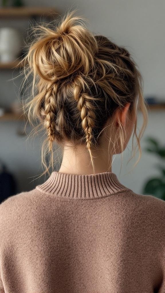 A messy bun hairstyle with two braids on the back.