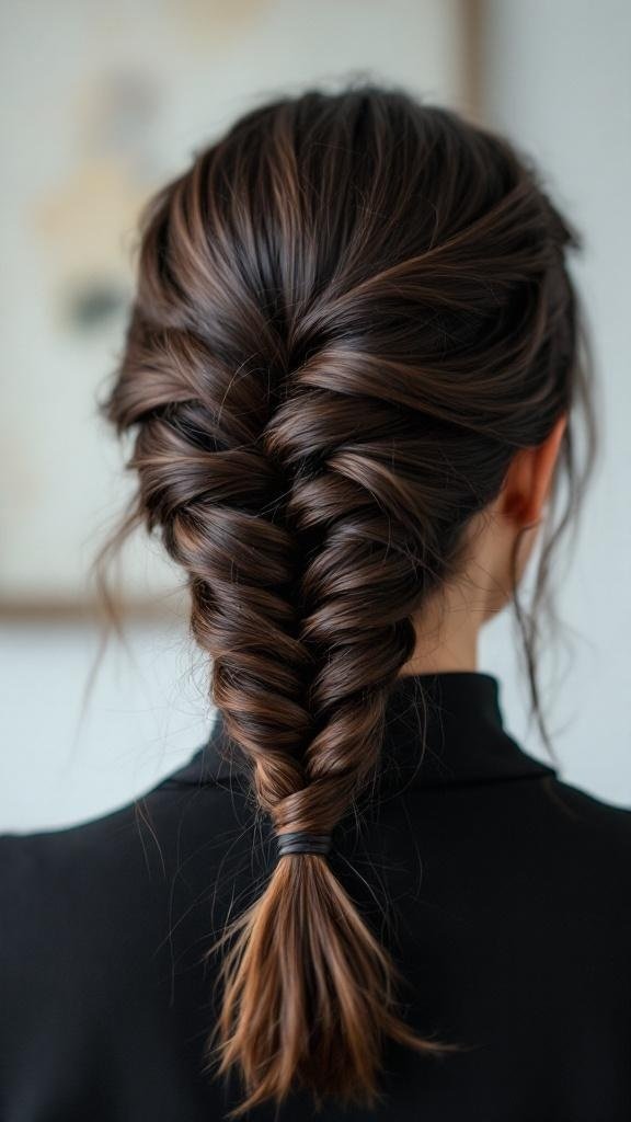 A close-up of a fishtail braid hairstyle, showcasing a neat and elegant design.