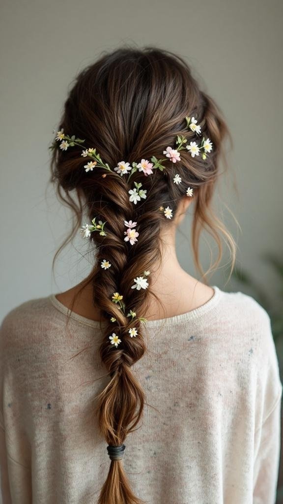 A woman with a boho side braid adorned with small flowers.