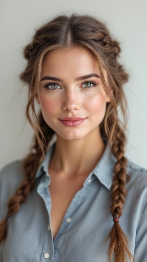 A woman with a twisted half-up braid hairstyle, looking stylish and professional.