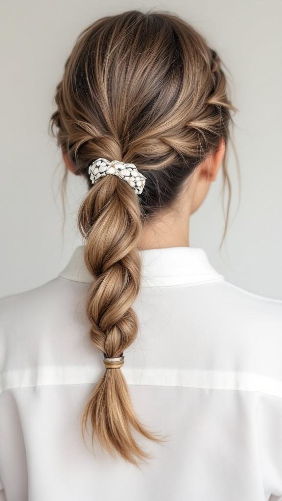 A braided ponytail hairstyle with a hair tie, showing a neat and stylish look.