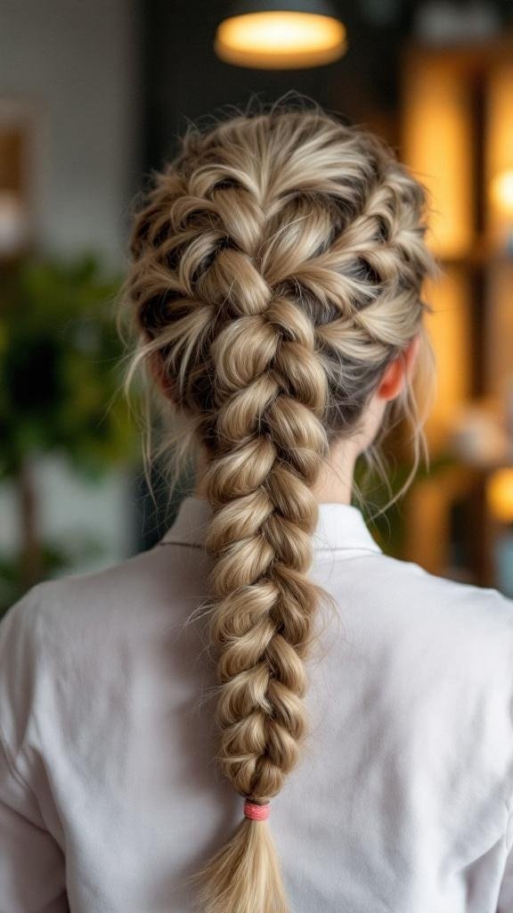 A woman with a chunky rope braid hairstyle, showcasing a neat and stylish look.