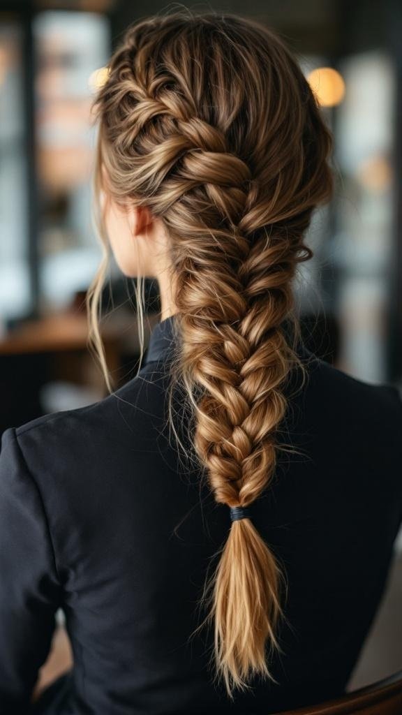 A side swept fishtail braid hairstyle, showcasing a neat and stylish braid.
