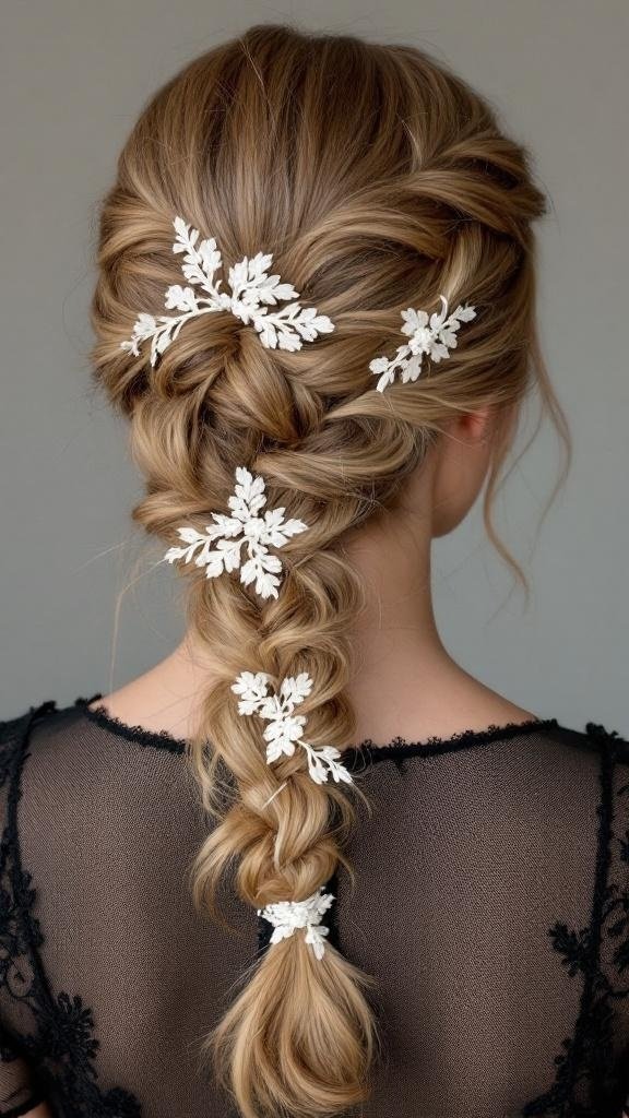 A beautiful intricate lace braid adorned with floral hairpins.
